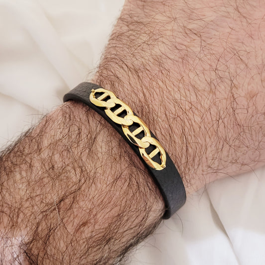 Gold and leather men bracelet